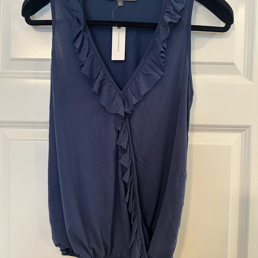 Anthropologie Deep Blue Ruffled Blouse